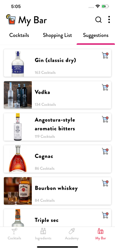 Cocktails App: Drinks Database - Interface do App de Cocktails mostrando uma lista de bebidas destiladas e ingredientes sugeridos para um bar doméstico