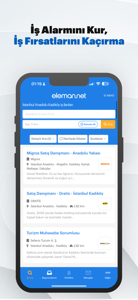 Eleman net mobile app screen showing job listings in Istanbul Turkey