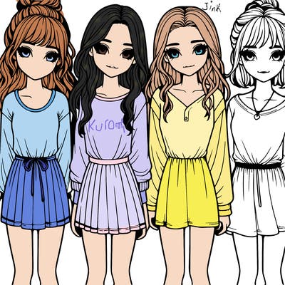 four realistic girls in a line