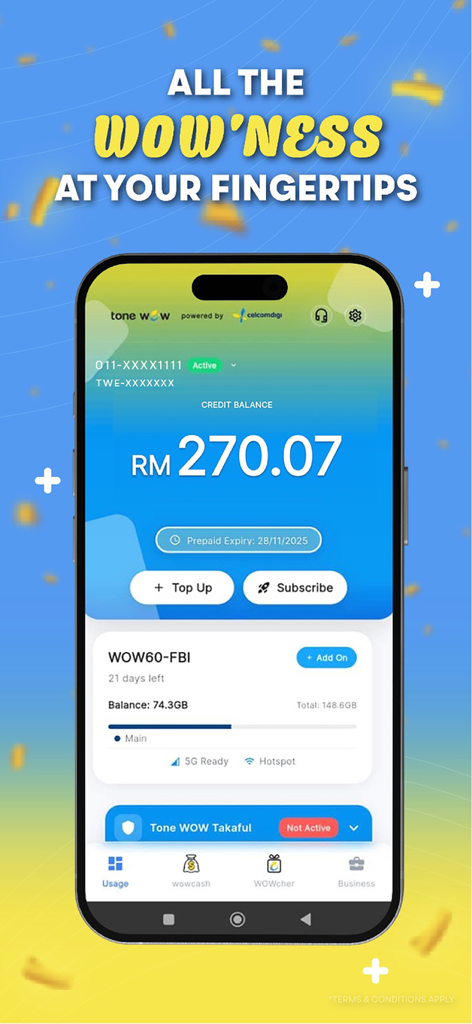 Tone WOW 2.0 - Tone WOW 2.0 mobile app usage dashboard showing credit balance and data usage