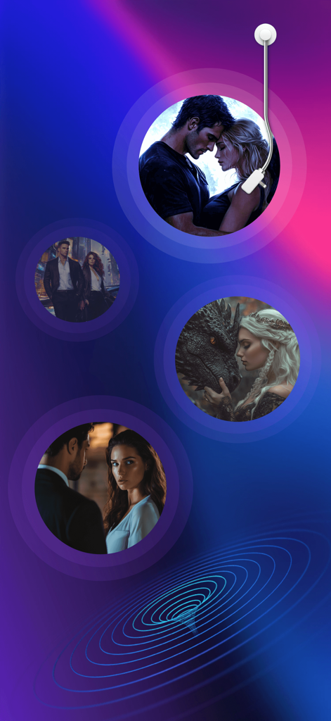 DreamCast: Audiobook & stories - Interfaz de la aplicación DreamCast que muestra portadas de varias historias románticas y de fantasía en burbujas circulares