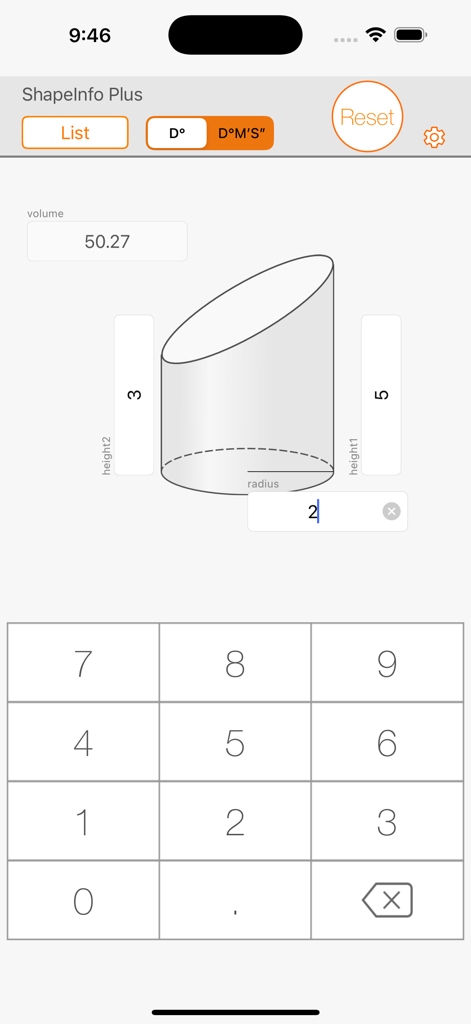 Berechnung des Volumens eines schrägen, schneidenden Kreiszylinders in der ShapeInfo-App