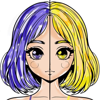 realistic girl split into 2 symeterical sides