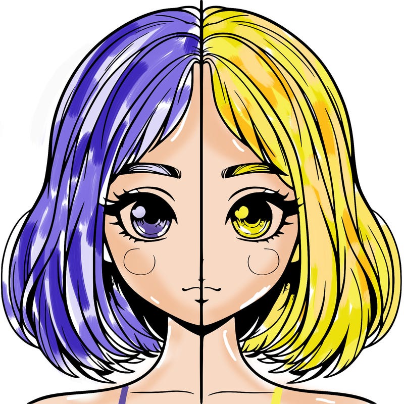 realistic girl split into 2 symeterical sides