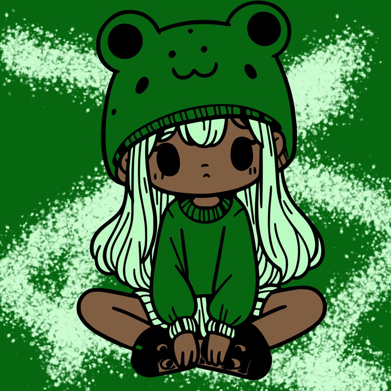 a girl wearing a frog hat and some frog socks