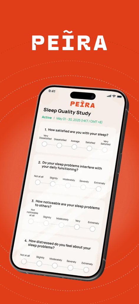 PEIRA - Participate & Get Paid - A smartphone screen displaying a sleep quality study survey within the PEIRA academic research app.
