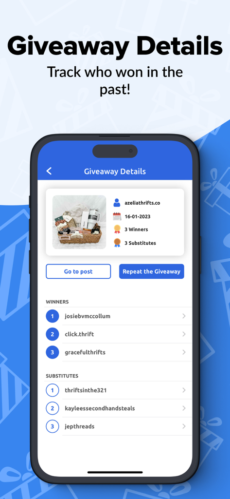 Easy Giveaway Comment Picker - Instagram giveaway details screen displaying the list of winners and substitutes