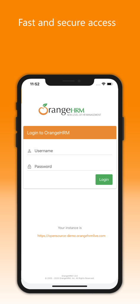 The login interface of the OrangeHRM Open Source mobile application