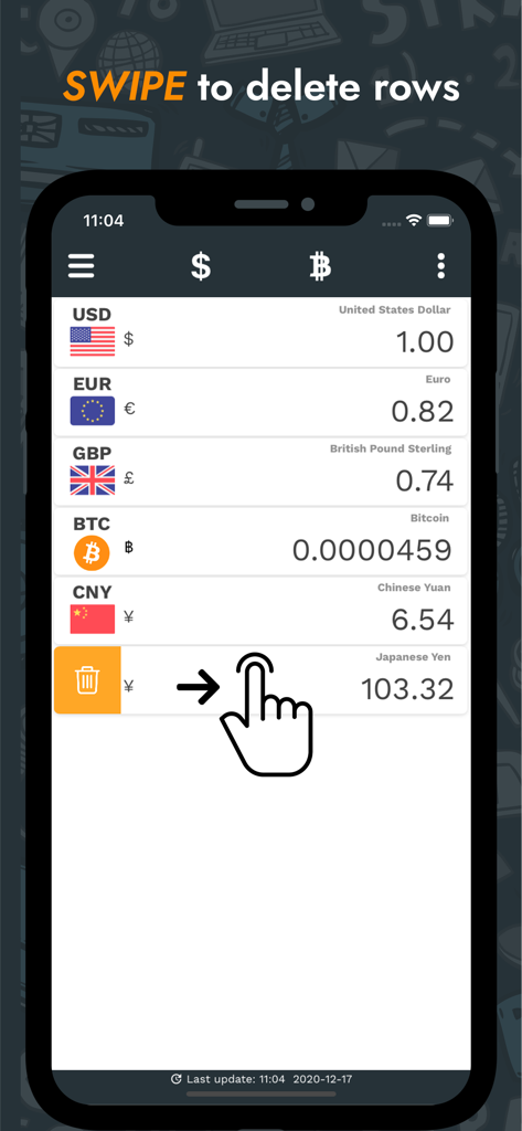 Mobile app interface showing a hand gesture swiping to delete a currency row from the list