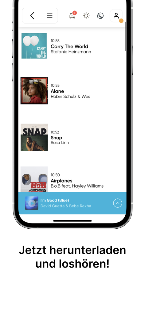 Captura de pantalla de la aplicación móvil Radio FM1 que muestra una lista de canciones reproducidas recientemente y una barra de reproductor de música activa