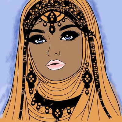 realistic woman with a veil covering her hair and mouth, muslim. the veil contains details with jewels. she has beautiful jewelry.