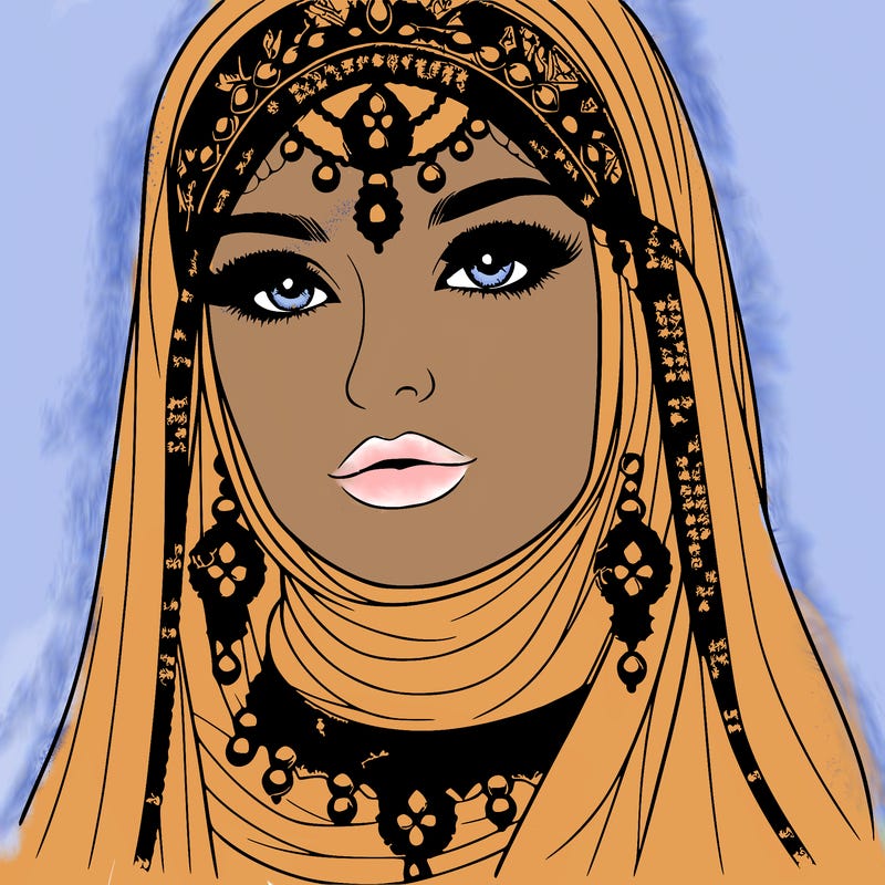 realistic woman with a veil covering her hair and mouth, muslim. the veil contains details with jewels. she has beautiful jewelry.
