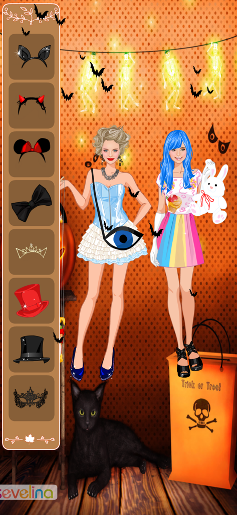 Two girls in Halloween fashion outfits with a sidebar of costume accessories like cat ears and horns