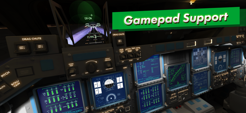 F-Sim|Space Shuttle 2 - Interior view of a detailed space shuttle cockpit showing digital flight instruments and gamepad support text