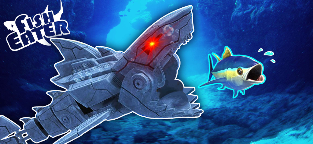 A massive mechanical shark with a glowing red eye about to eat a smaller fish underwater