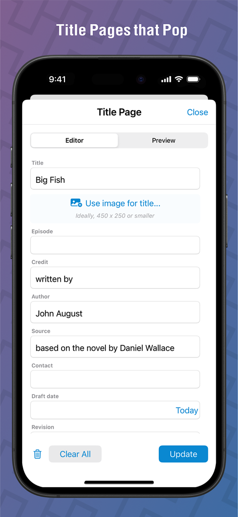 Highland Pro - Highland Pro app screenshot showing the professional title page editor with fields for title author and source