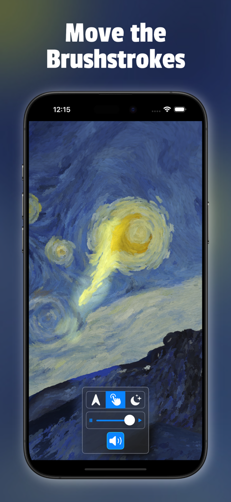 Starry Night Interactive - Captura de pantalla de la aplicación Starry Night Interactive que muestra pinceladas animadas en un smartphone con el texto Mover las Pinceladas