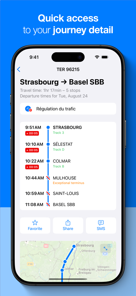 BH — Train schedules - Detailed train journey information screen showing stops from Strasbourg to Basel with real time delays and platform numbers