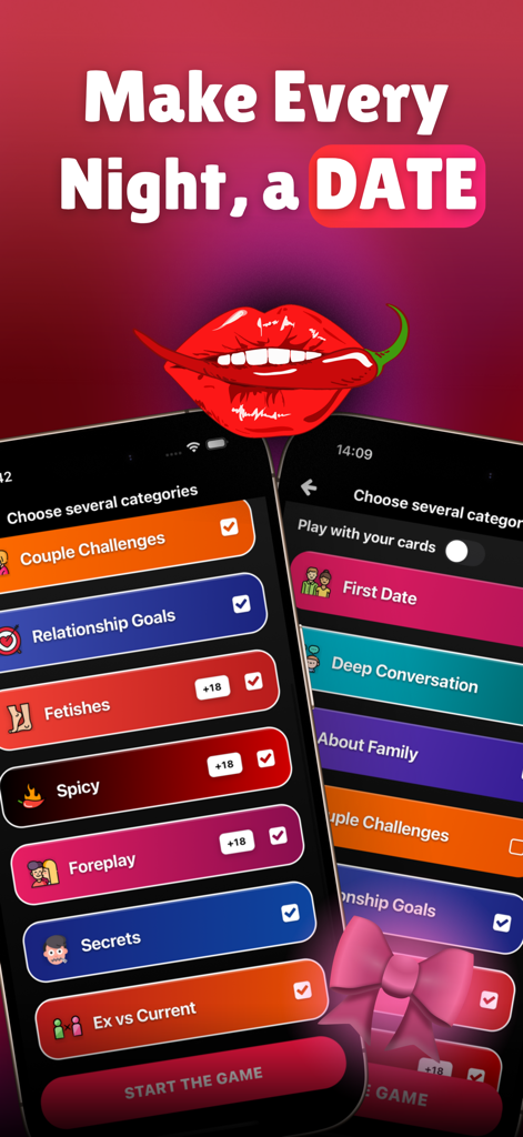 Amor - App for Couples - Interface of Amor app for couples showing game category selections including Relationship Goals and Spicy challenges for date night