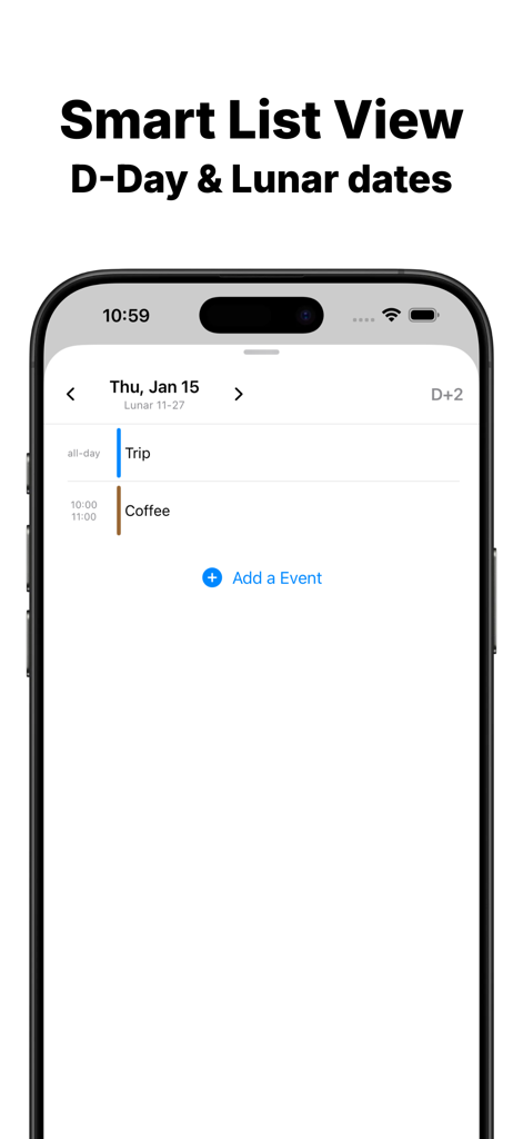 Interfaz de la aplicación Calendario Widget que muestra una agenda diaria con vista de lista inteligente y fechas lunares.