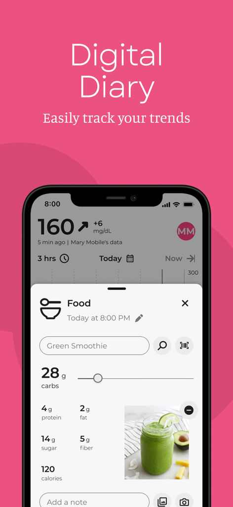 Sugarmate app digital diary interface for logging food and carbs