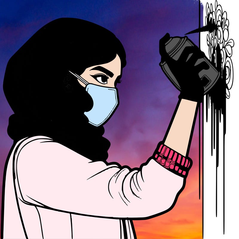 realistic girl with mask spray painting a wall