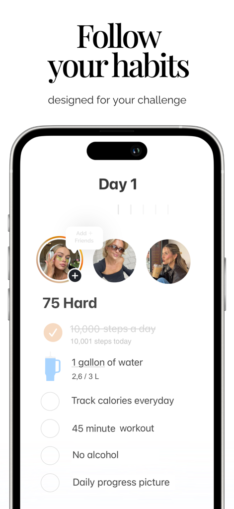 Her 75 - Her 75アプリのインターフェースで、75 Hardチャレンジのチェックリスト、毎日の習慣、ソーシャルアカウンタビリティのための友達プロフィールアイコンが表示されています。