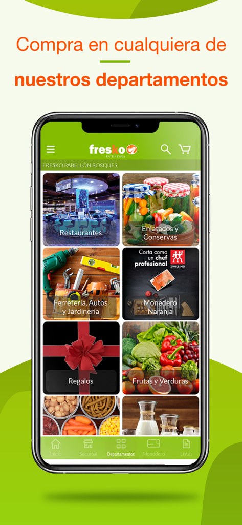 Fresko - Pantalla de la aplicación móvil Fresko mostrando varios departamentos de compras, como frutas y verduras y productos enlatados