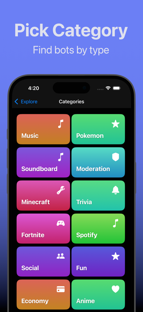 Bots for Discord - Un'interfaccia mobile che mostra una griglia colorata di categorie di bot Discord, tra cui Musica, Pokemon e Moderazione