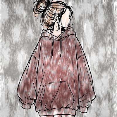 realistic girl with a oversized sweatshirt on and a bun