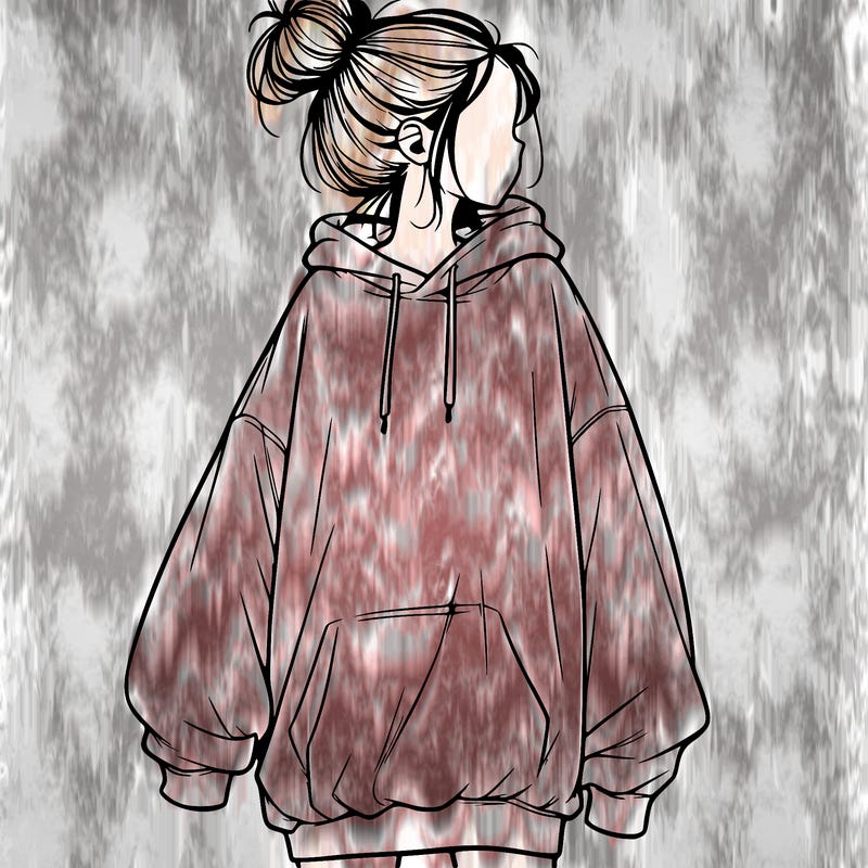 realistic girl with a oversized sweatshirt on and a bun