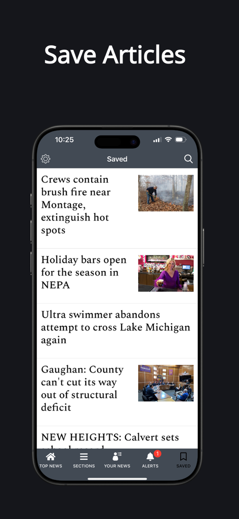 The Hazleton Standard-Speaker - The saved articles section of the Hazleton Standard-Speaker news app displaying a list of bookmarked local stories on a smartphone screen