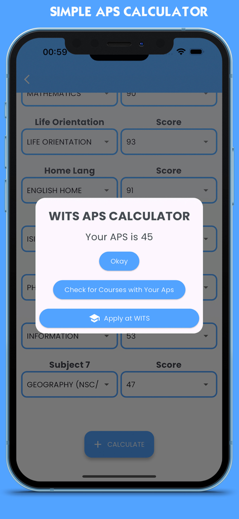 University Qualifications - Smartphone screen showing a calculated APS score for Wits University in the University Qualifications app
