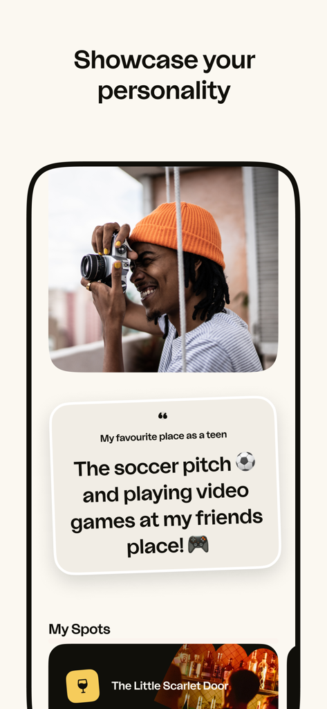 A happn app screen titled showcase your personality displaying a user profile with a photo and a short bio prompt