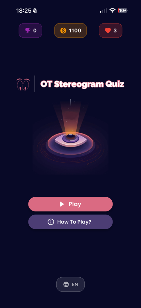 Hauptmenübildschirm der Stereogramm-Spiel Magic Eye-App mit dem Spieltitel und einer Wiedergabetaste