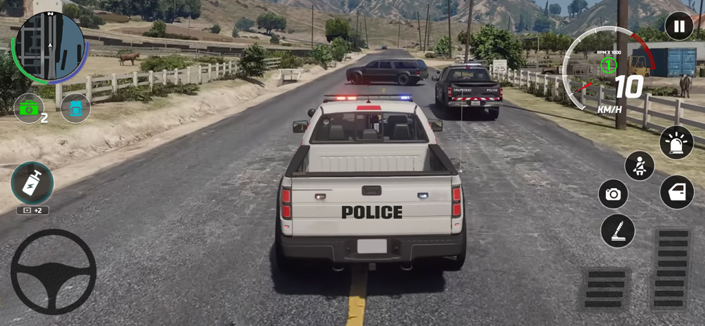 Captura de pantalla del juego de Juegos de Persecución de Conductor de Furgoneta Policial que muestra una camioneta policial en una carretera durante una misión