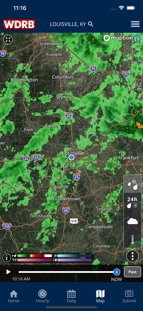 WDRB Weather app displaying a high-resolution precipitation radar map for Louisville Kentucky
