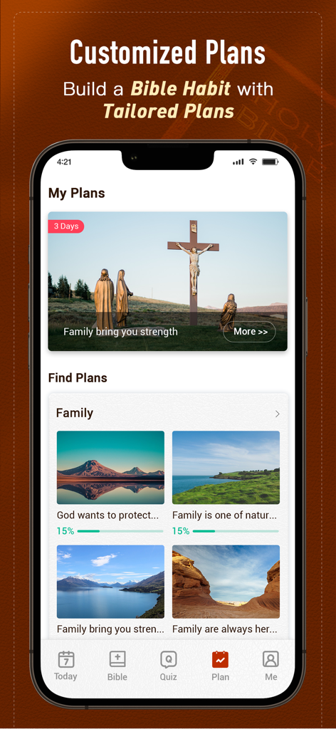 Holy Bible, KJV Bible + Audio - Tela de smartphone mostrando a seção de planos de estudo bíblico personalizados com diferentes opções de rastreamento de hábitos espirituais.