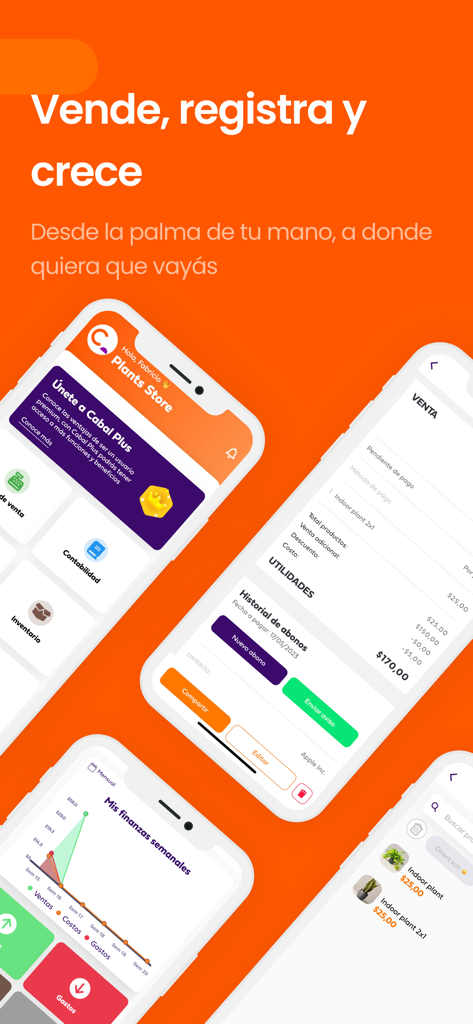 Mobile app screens showing Cabal business management features like sales tracking, financial charts, and inventory management on an orange background.