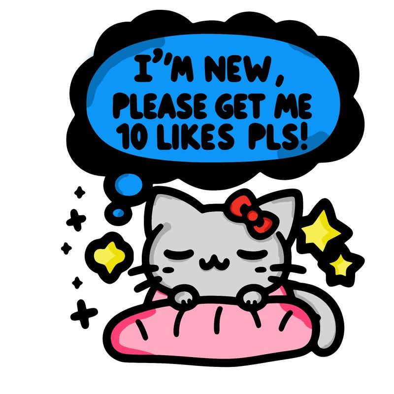 kitty taking a nap dream talking and saying "i'm new, please get me at least 10 likes pls!!"
