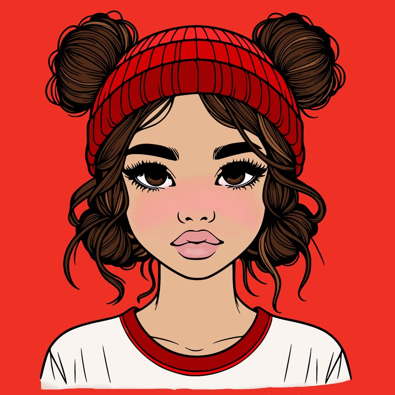realistic girl with buns in her hair with a beanie on