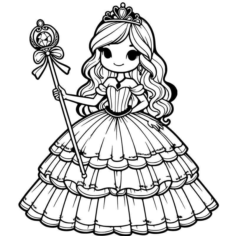 detailed realistic princess in a layered dress with a tall tiara holding one staff with a gem on top of it