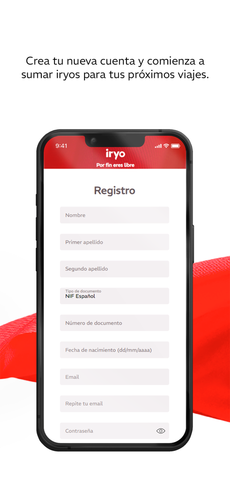 Iryo app registration screen showing form fields for creating a new user account to earn travel points.
