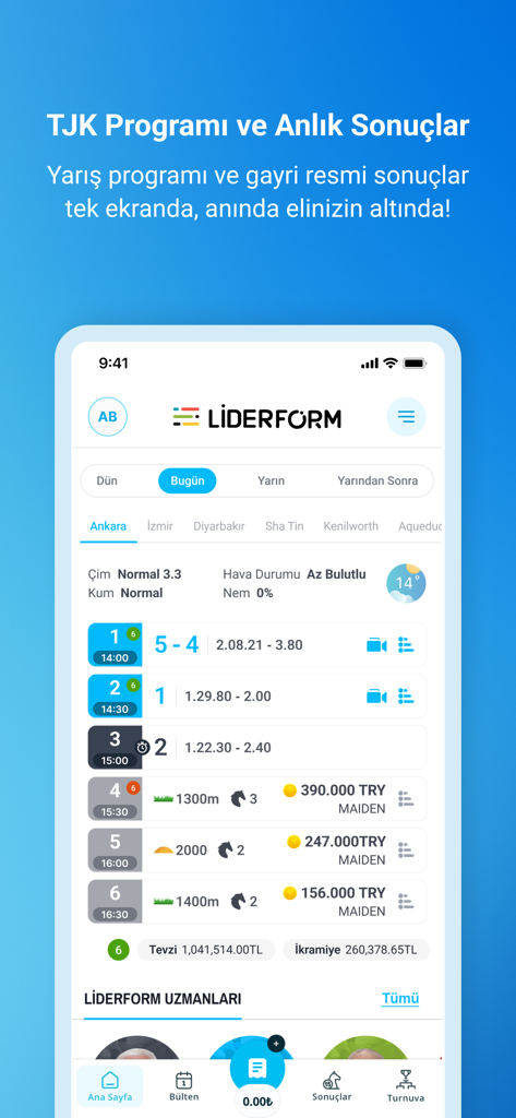 Screenshot dell'app Liderform che mostra il programma delle corse di cavalli turche e i risultati in tempo reale