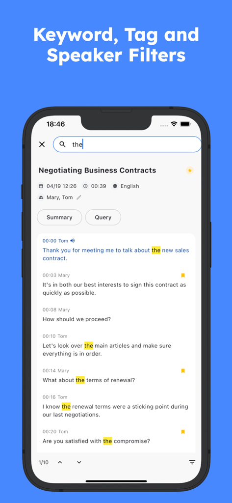 SoundType AI - Voice To Text - SoundType AI mobile app screen showing a transcript with speaker identification and highlighted keyword search results