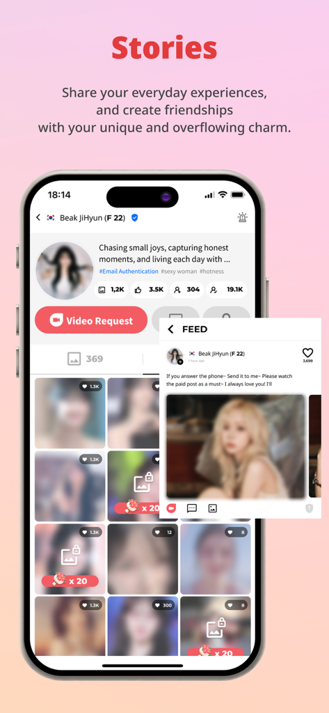 ViewChat app screen showing a user profile with stories and photo feed