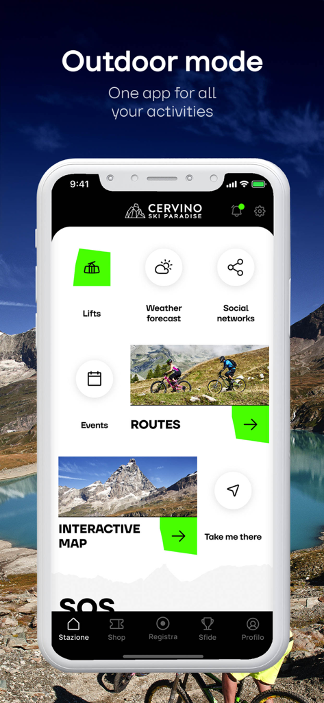 Interfaccia dell'app mobile Cervino Ski che mostra la modalità outdoor con percorsi di mountain bike e mappe interattive