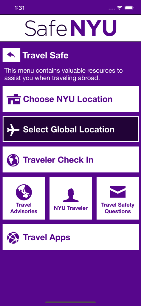 El menú Viajar Seguro dentro de la aplicación móvil Safe NYU mostrando opciones para ubicaciones globales y recursos para viajeros.