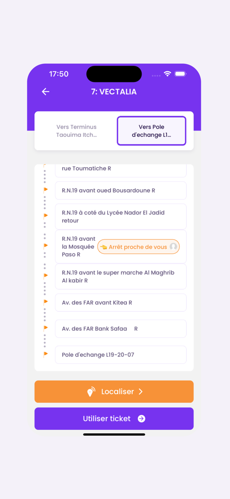 Weego: Move with ease - Weego app interface showing a list of bus stops for a transit route and a ticket usage button.