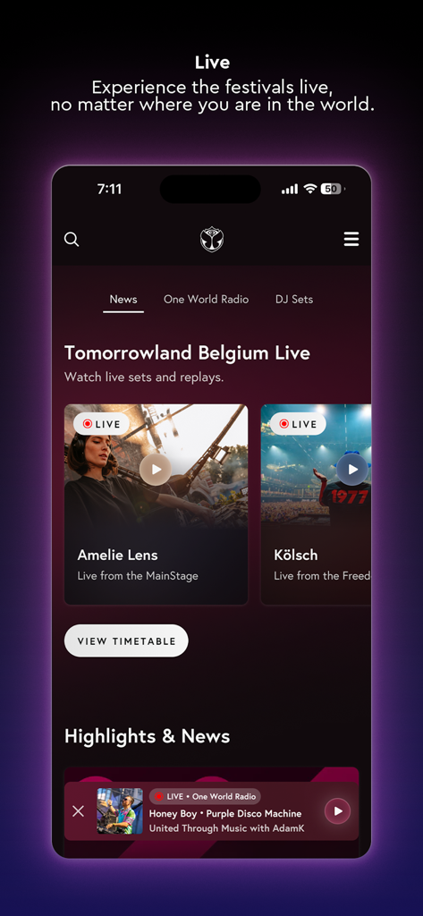 Tomorrowland - Tomorrowland app interface showing live music sets and One World Radio player.